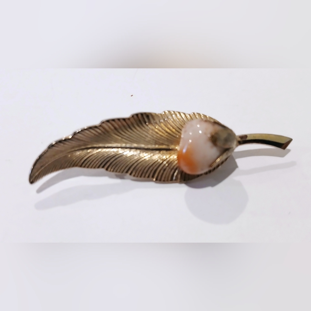 Vintage Gold Tone Leaf Brooch with Orange Accent